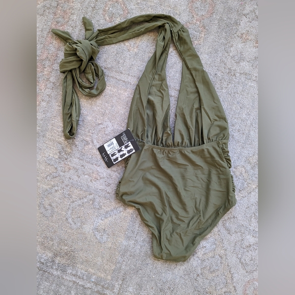 NWH Nicole Miller Convertible Swimsuit with Side Ruching (Olive Green. medium) - Picture 5 of 5